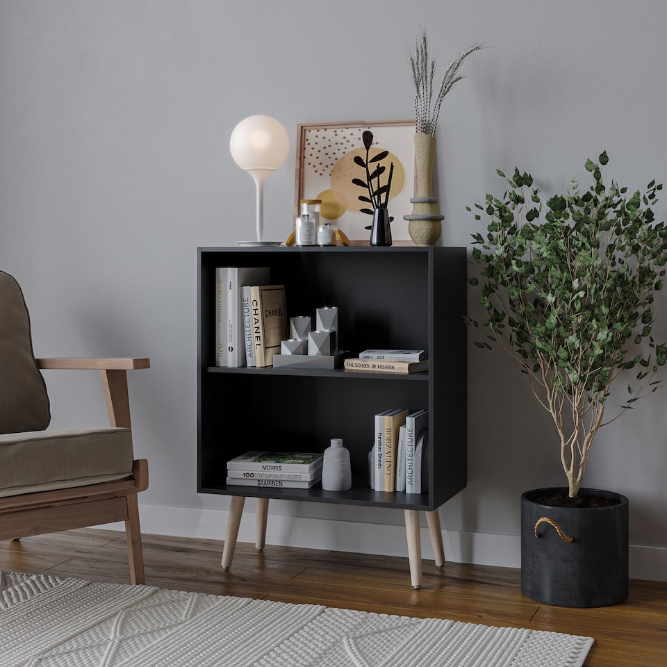 image 1 of 2-Tier Wooden Cabinet With Legs | Black | Black & Pine | 1