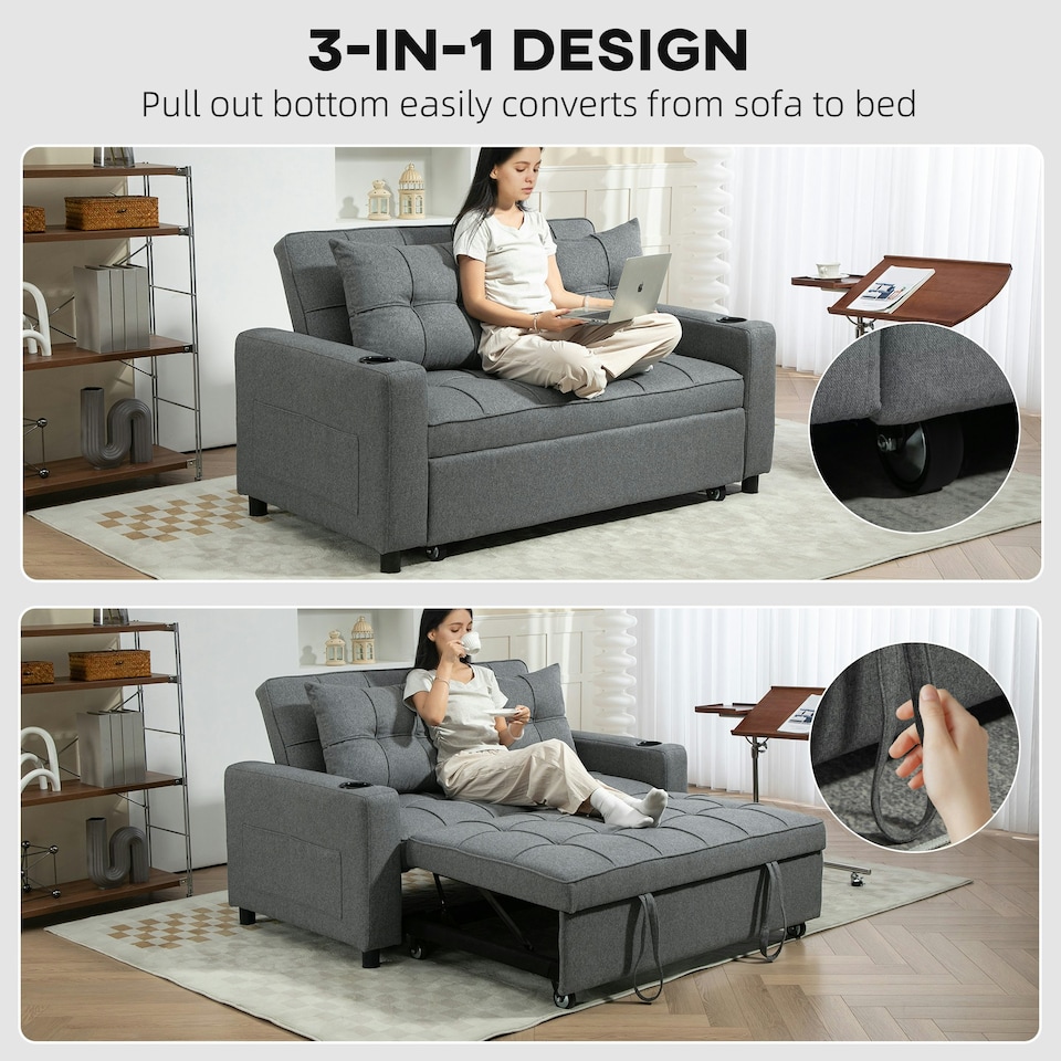 image 1 of HOMCOM 2 Seater Pull Out Sofa Bed with Pockets for Living Room Charcoal Grey 