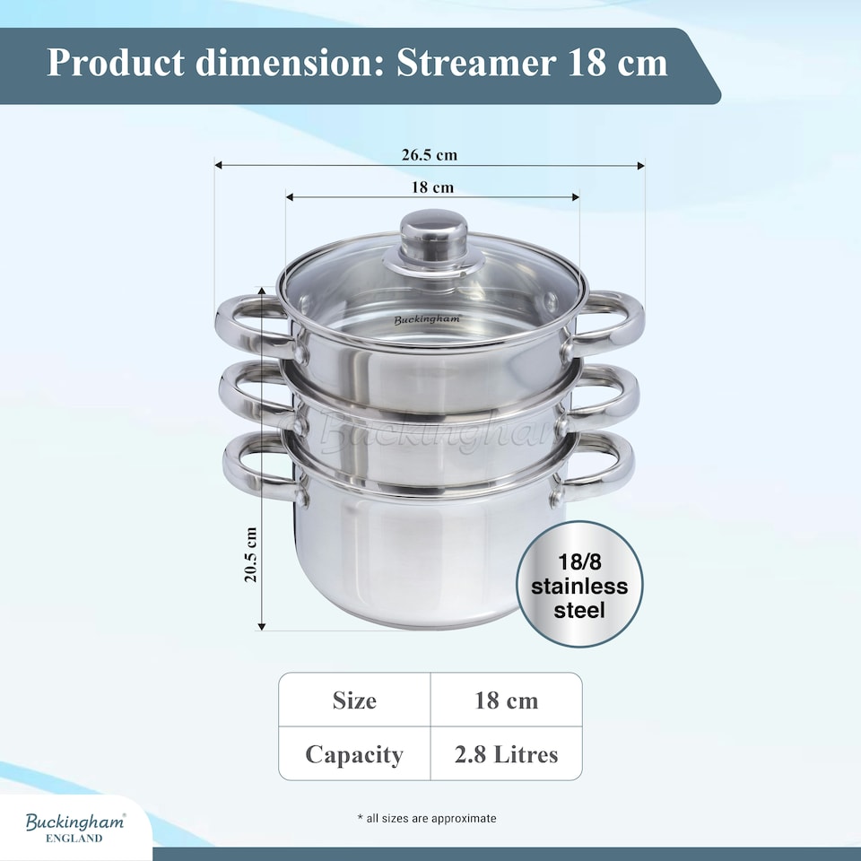 image 1 of Buckingham Stainless Steel 3 Tier Steamer Set 18 cm  Premium Quality