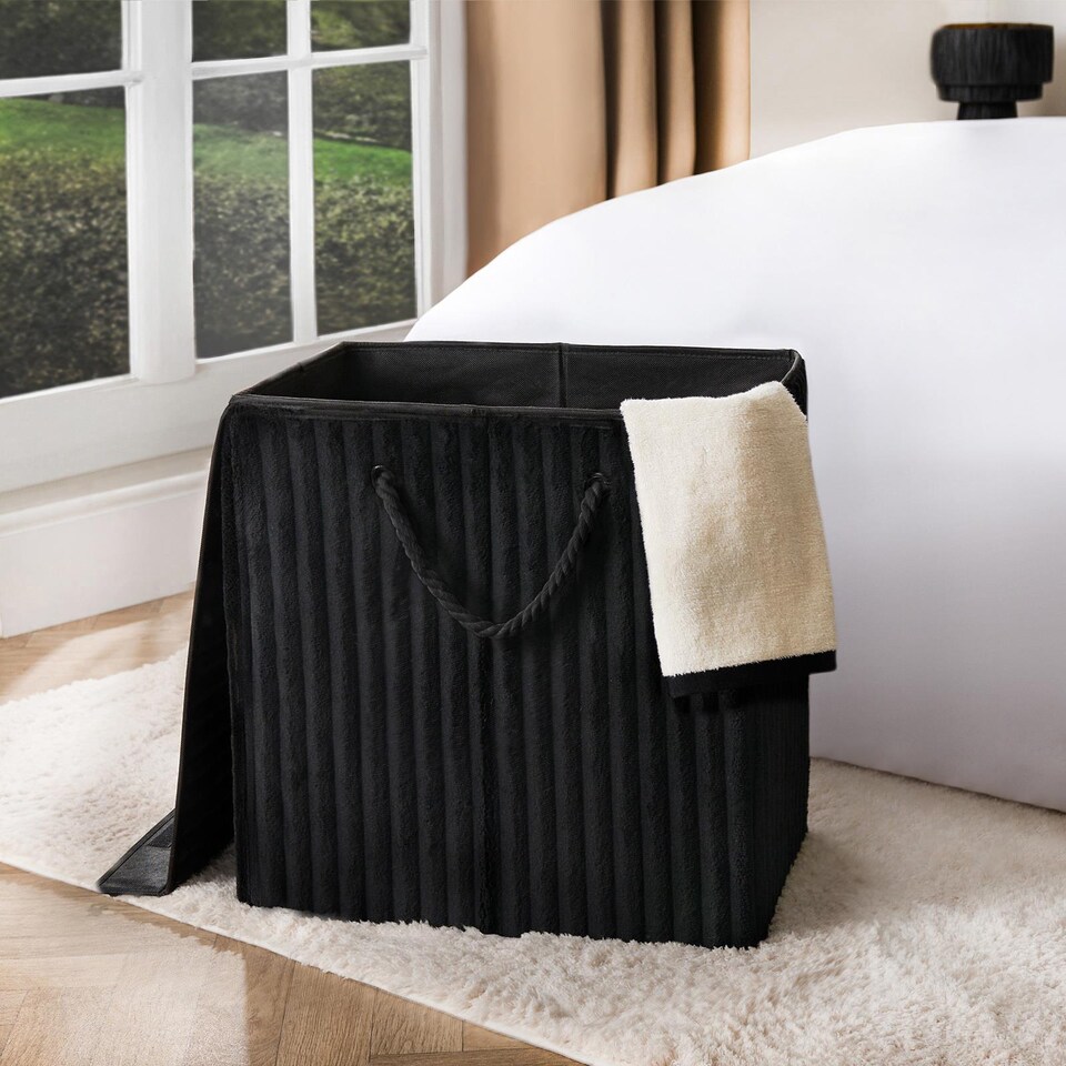 image 1 of OHS Ribbed Faux Fur Folding Laundry Basket Bag with Lid