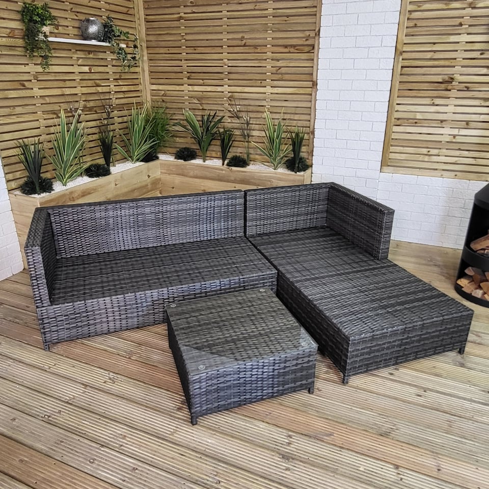 image 1 of 3PC 4 Seater Brown Rattan Chair Garden Sofa Set Daybed With Grey Cushions and Glass Top Coffee Table