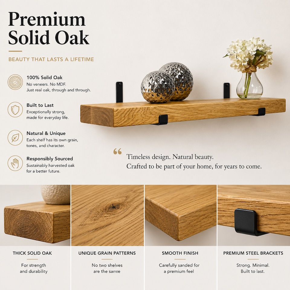 image 1 of MKGT 120cm Solid Oak Floating Shelf with Steel Brackets, Handmade Rustic Wall Shelf, 15cm Deep, 40mm Thick, Kitchen, Living Room