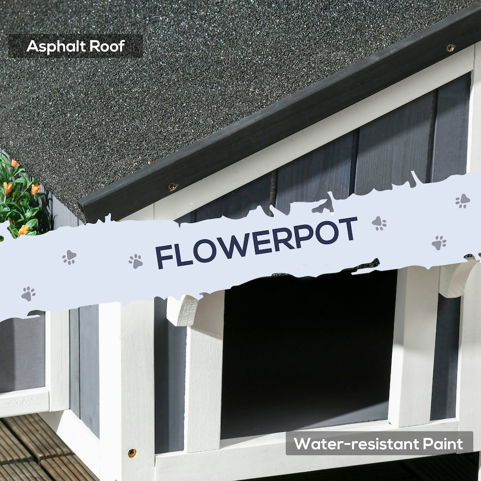 image 1 of PawHut Wooden Outdoor Cat House w/ Flower Pot, Windows, Multiple Entrances