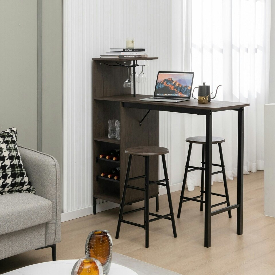 image 1 of COSTWAY 3PCS Bar Table & 2 Stool Dining Set Brown Brown