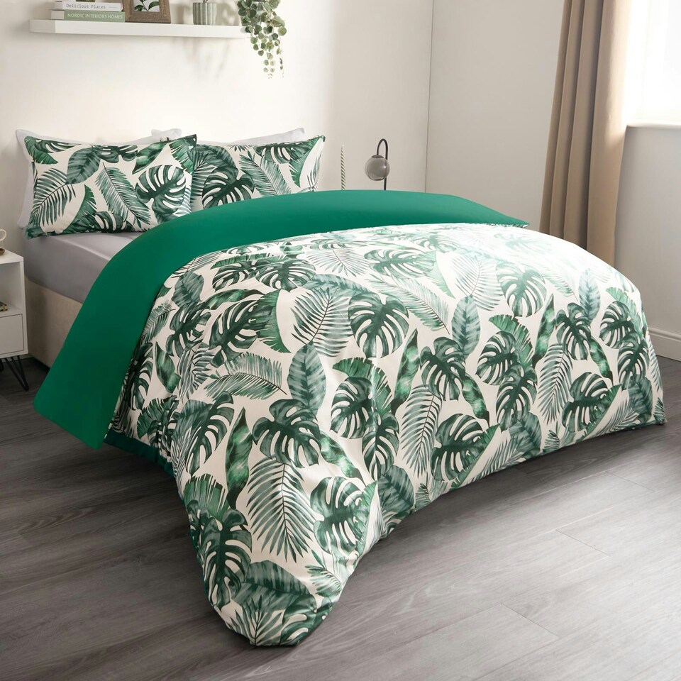 image 1 of OHS Tropical Leaf Print Reversible Plain Duvet Quilt Cover Bedding Set, Double - Forest Green/White