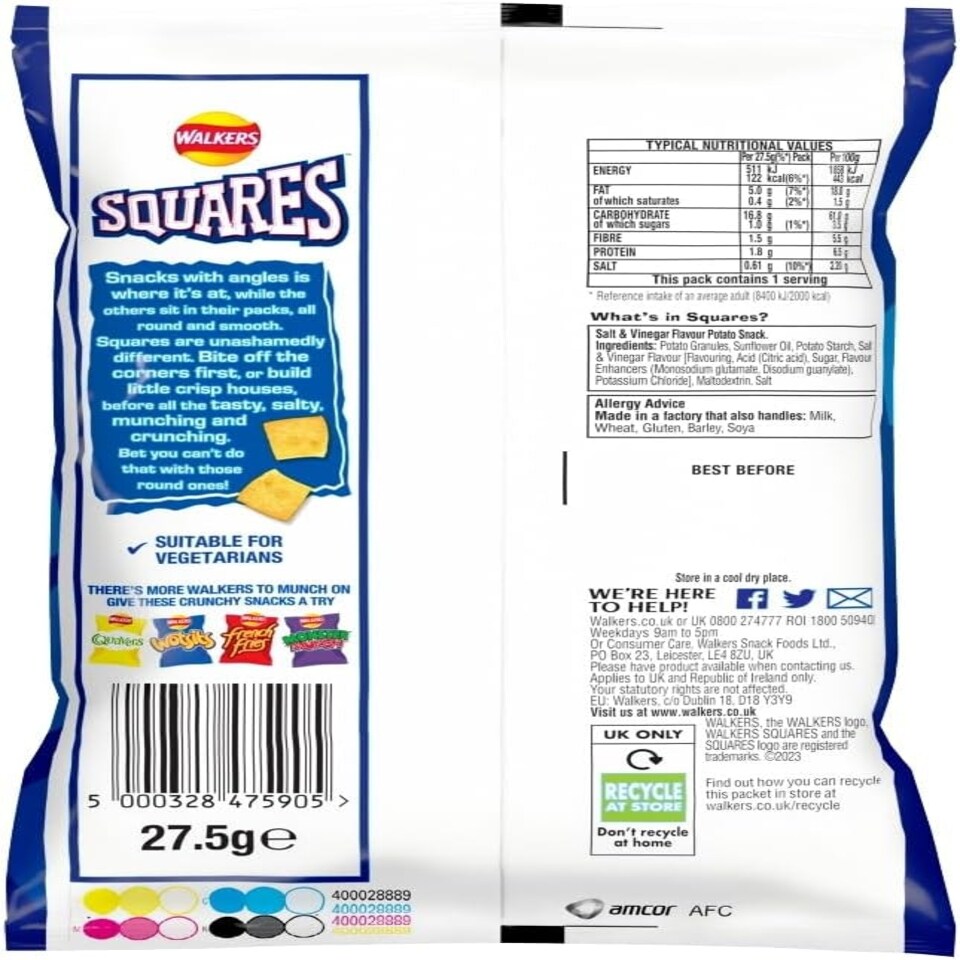 image 1 of Walkers Squares Salt & Vinegar Snacks Crisps 27.5g (Case of 32)