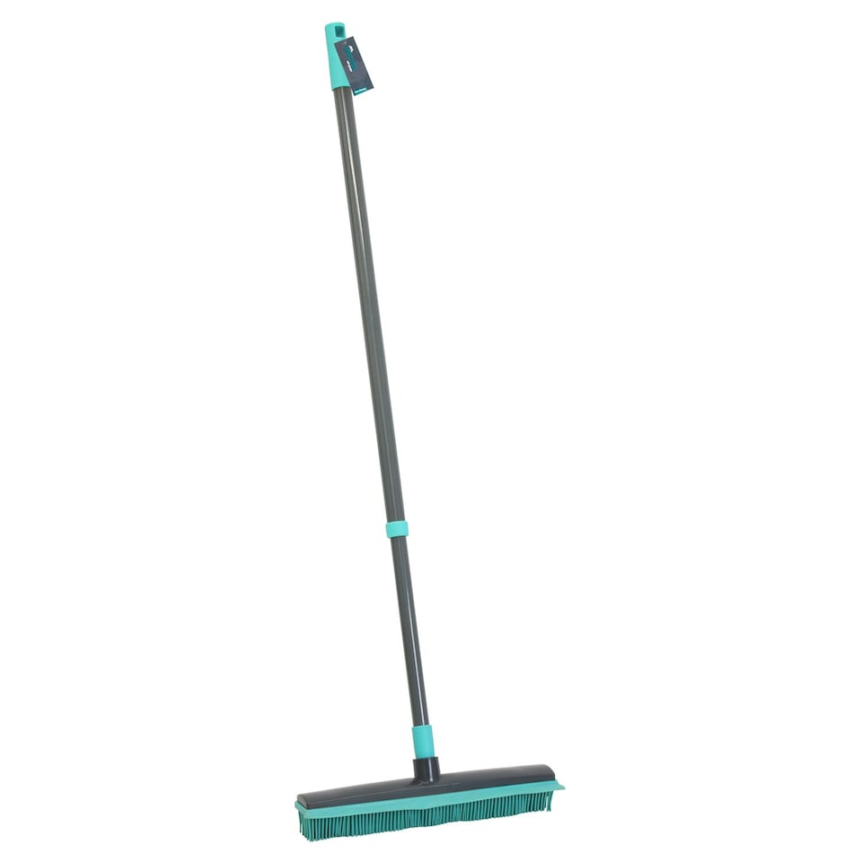 image 1 of JVL Indoor Extendable Rubber Bristle Brush Broom with Squeegee, Turquoise