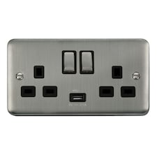 SE HOME Curved Stainless Steel 2 Gang 13A DP Ingot 1 USB Twin Double Switched Plug Socket Black | Stainless Steel