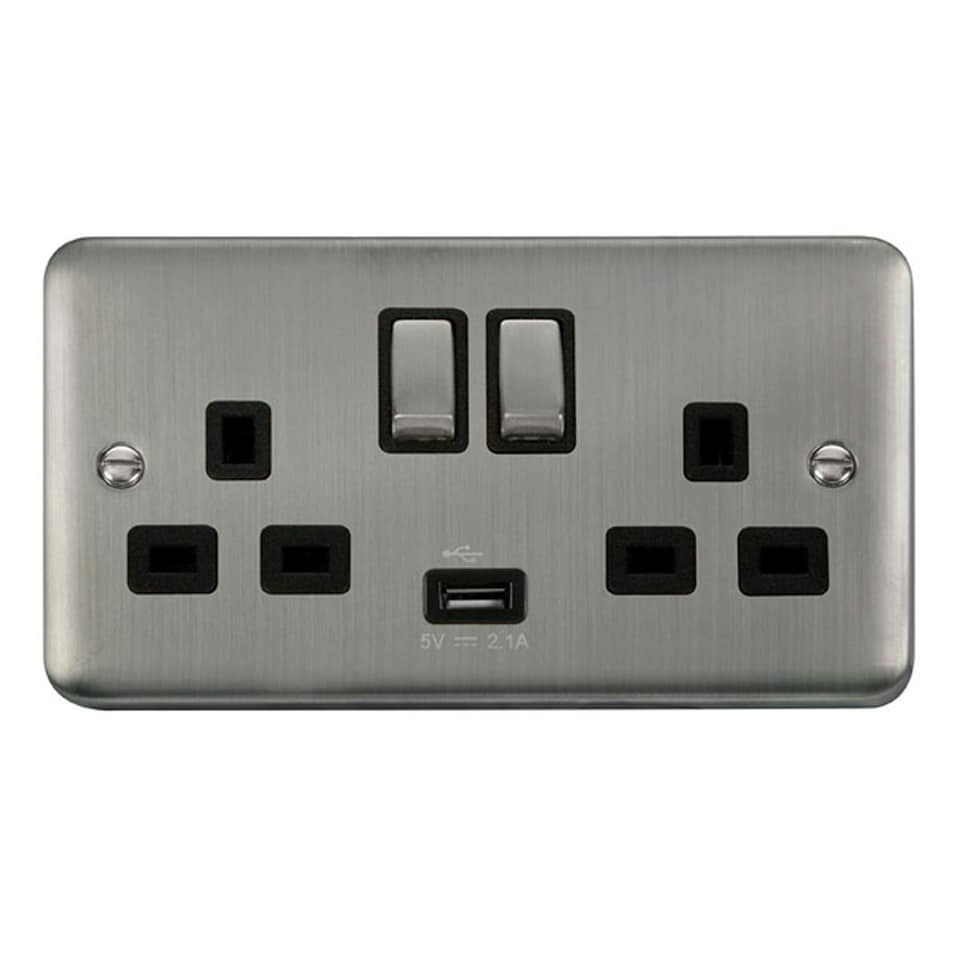 SE HOME Curved Stainless Steel 2 Gang 13A DP Ingot 1 USB Twin Double Switched Plug Socket Black | Stainless Steel