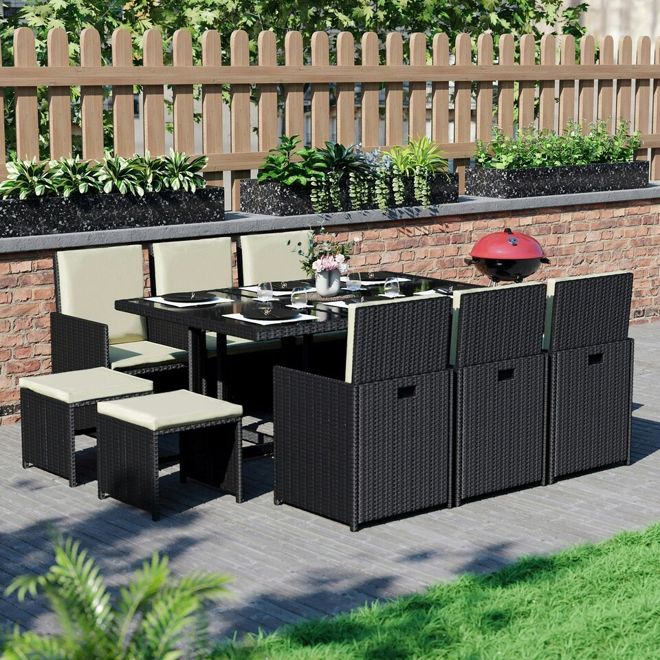 image 1 of Garden Vida Cuba 10 Seater Rattan Set Folding Chair Stool Dining Table Outdoor Garden Furniture, Black