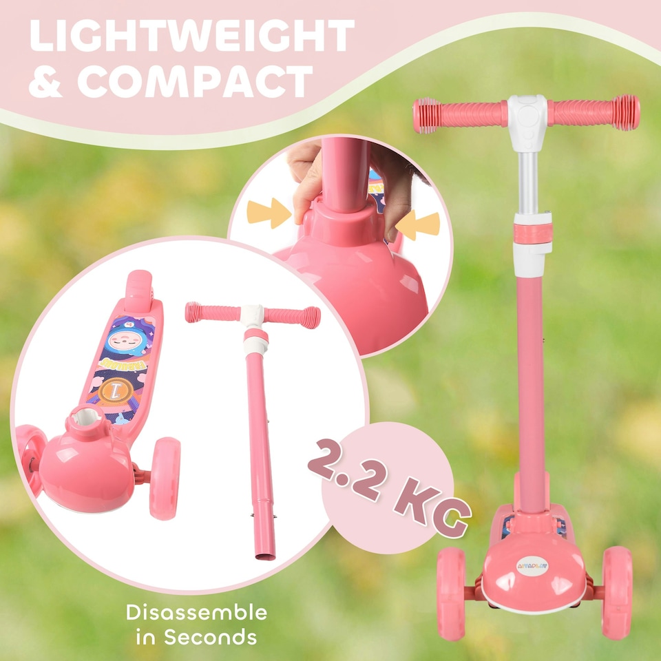 image 1 of AIYAPLAY Kids 3 Wheel Scooter for 2-6 Years Old w/ Adjustable Height, Pink