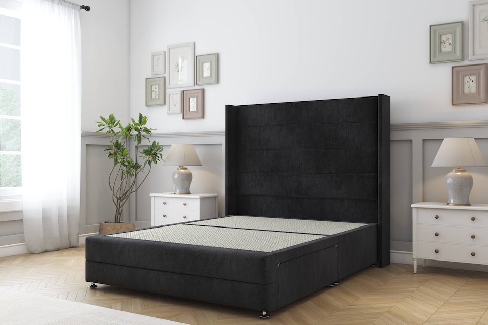 image 1 of Sloomy Sterling Black Naples Divan Bed Base No Drawers With 54 Inch Wingback Headboard & 12 Inch Matching Footboard | Black | Black | King | 1