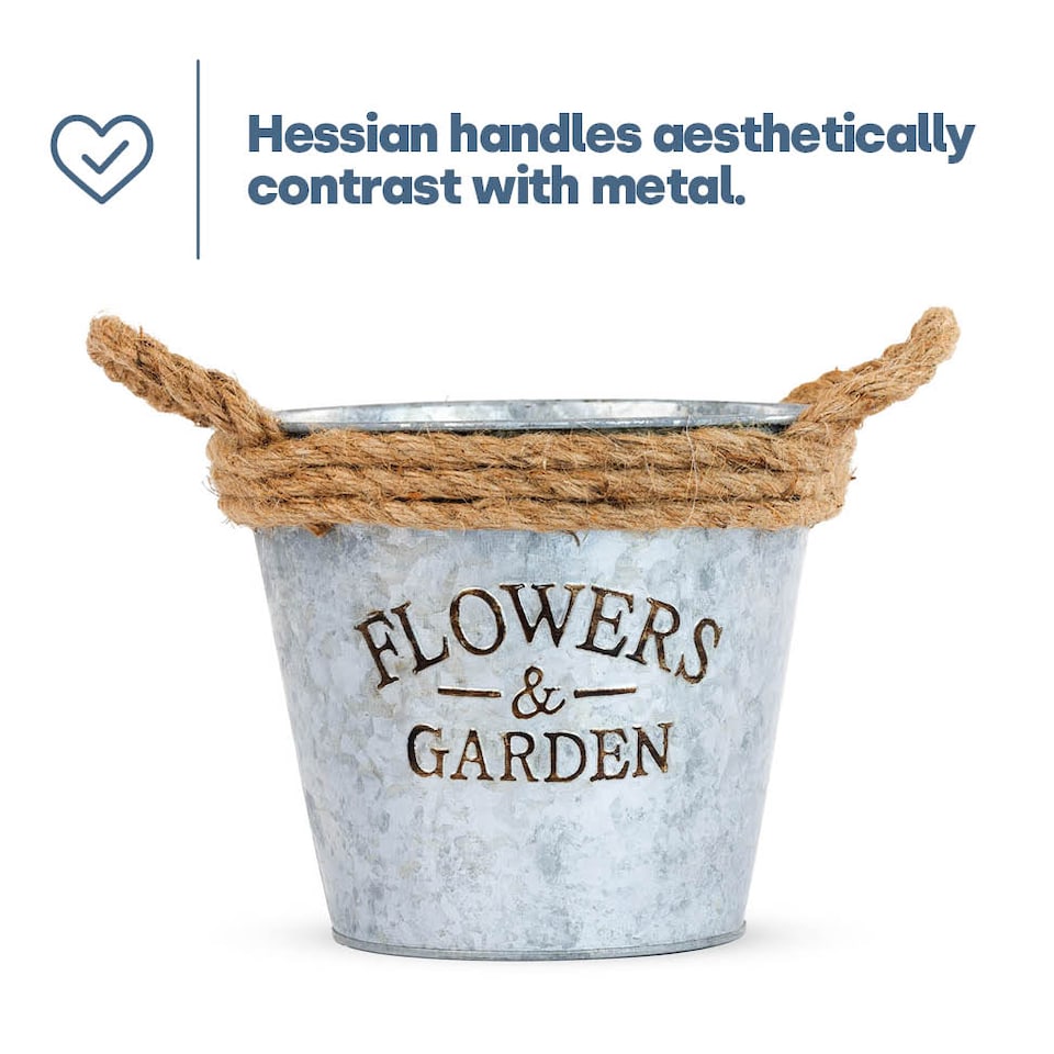 image 1 of Round Zinc Plant Pot 16cm with Hessian Handle