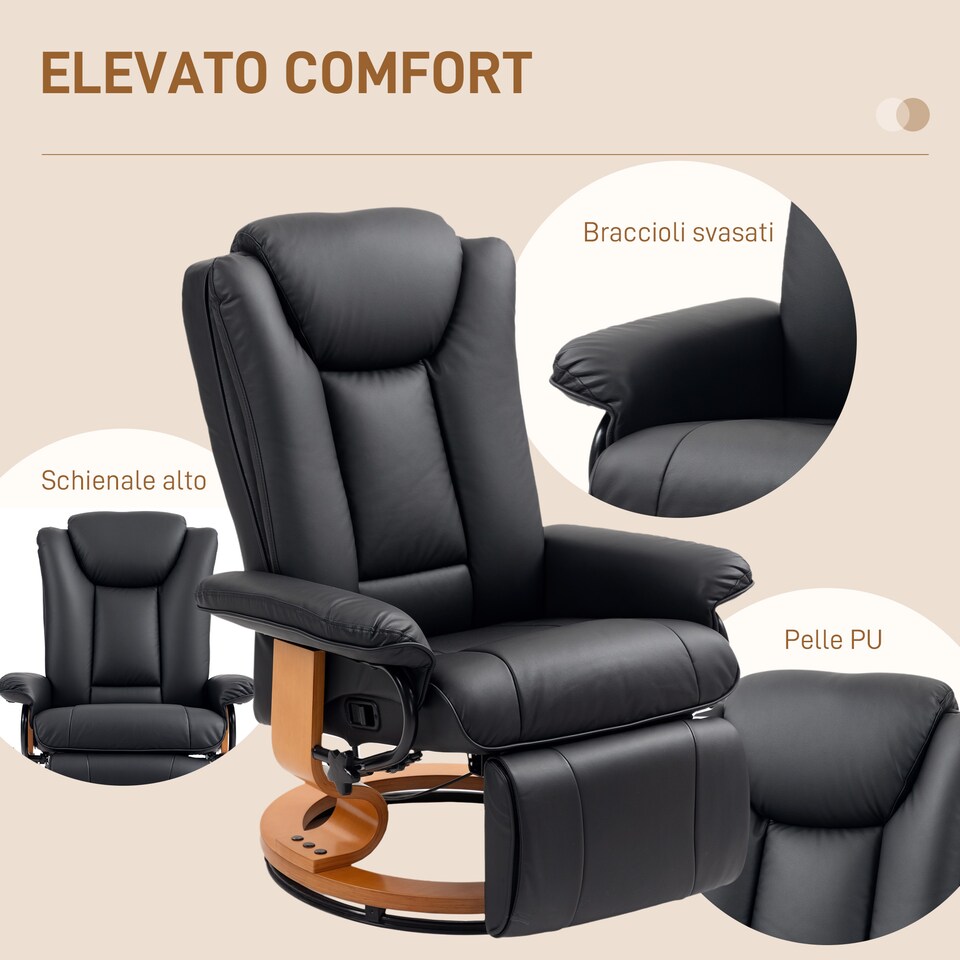 image 1 of HOMCOM Manual Recliner Chair with Footrest, Upholstered Reclining Armchair with Adjustable Backrest and Steel Frame, PU Leather Swivel Chair for Living Room, Bedroom, Black | Black | Black