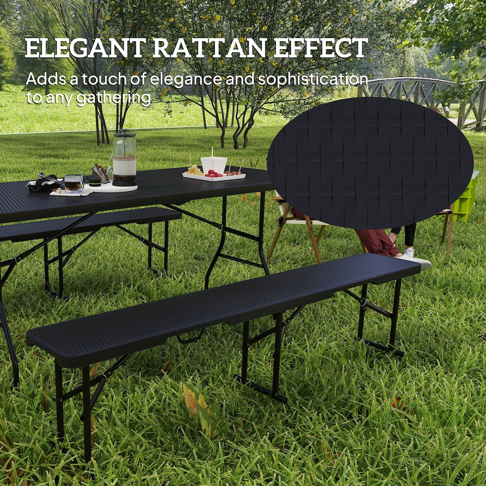 image 1 of Outsunny Folding Picnic Table and Bench Set, Rattan Effect Portable Camping Table and Chairs with Carrying Handles for Indoor Outdoor, Dining, Camping, Picnic, BBQ, Party, Black