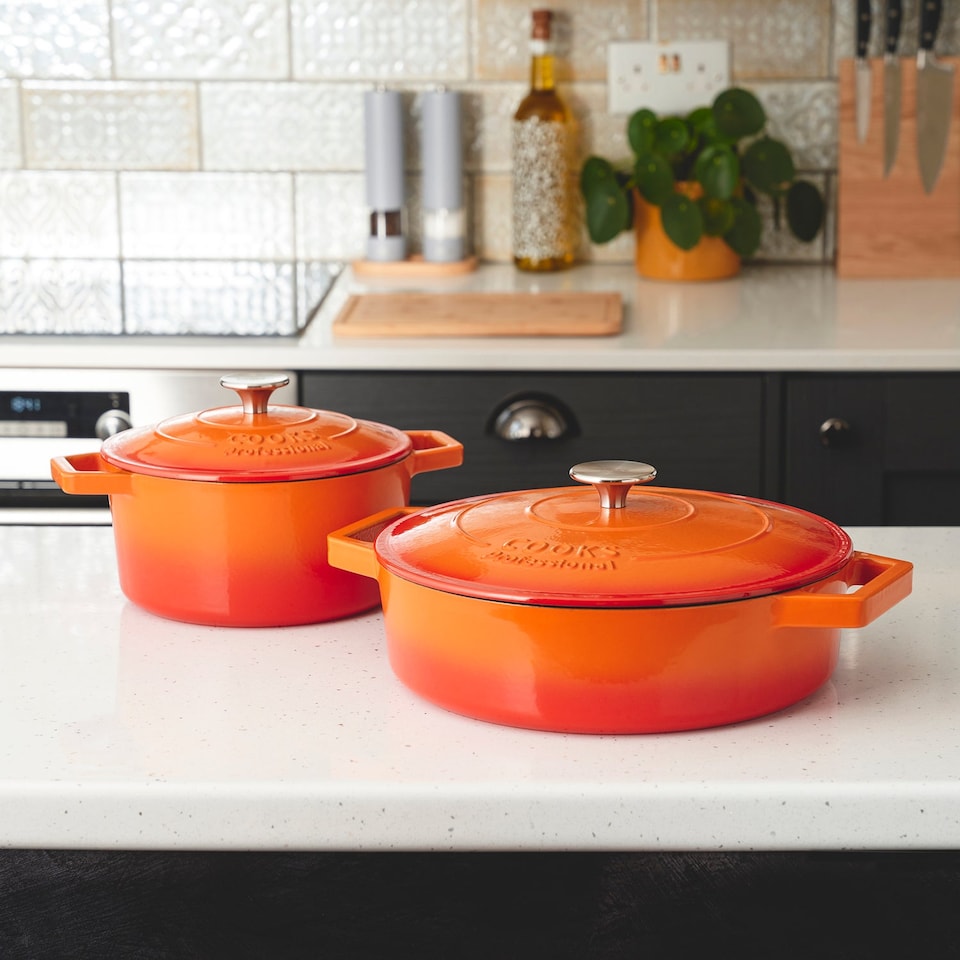 image 1 of Cooks Professional Set of 2 Cast Iron Casserole Dishes 20cm & 28cm | Orange | Orange