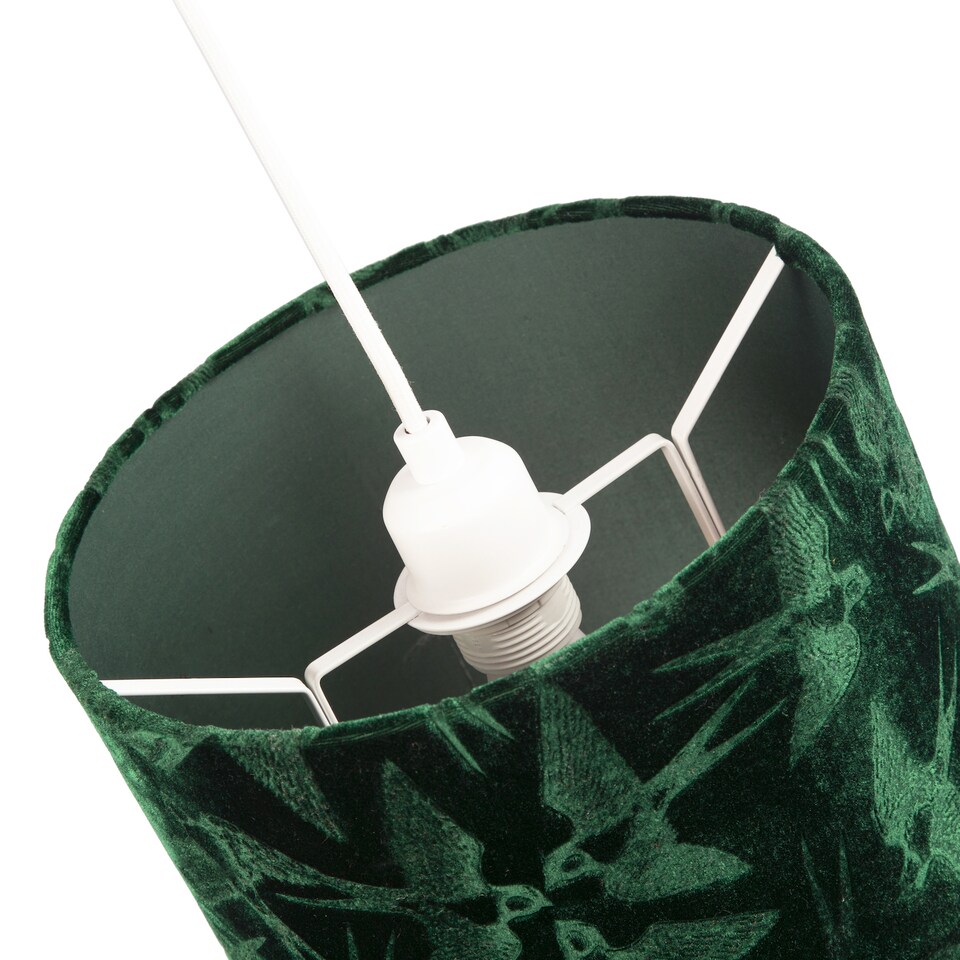 image 1 of Bird Decorated Dark Forest Green Velvet Fabric Lamp Shade with Inner Lining | Green | 10"