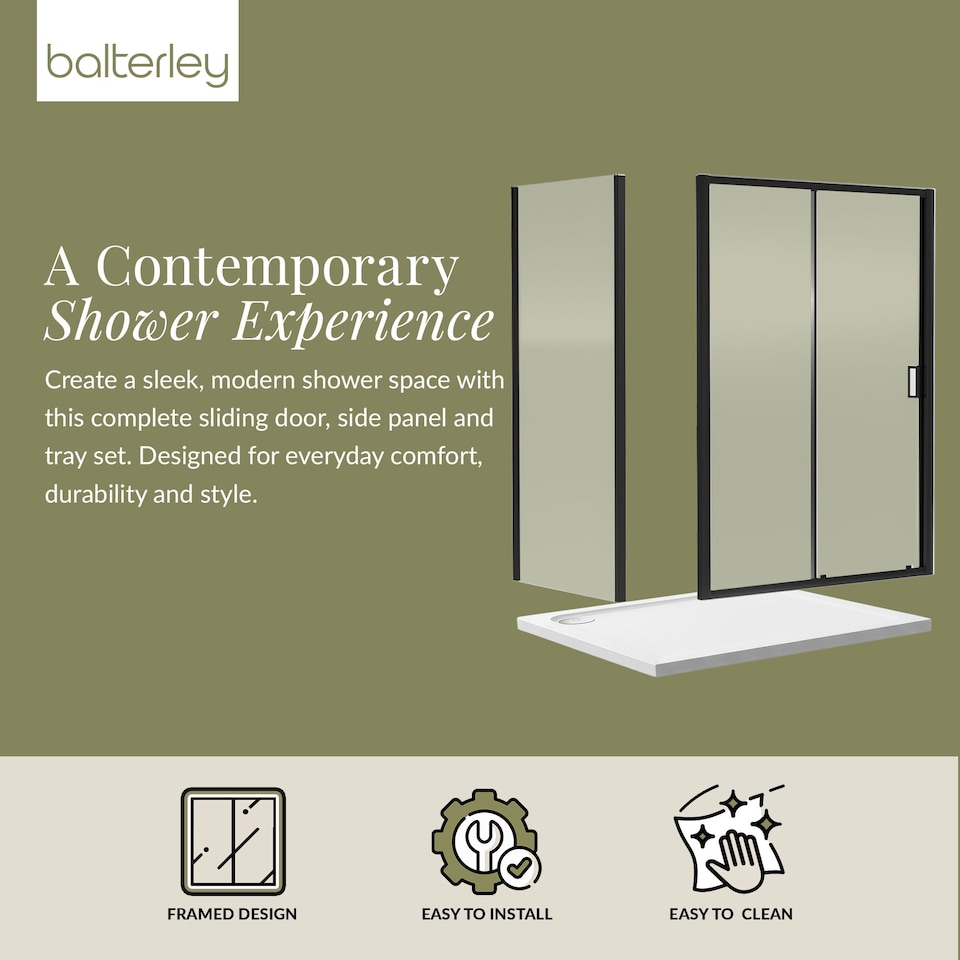 image 1 of Balterley Sliding Shower Suite with Safety Glass Door, Side Panel & Shower Tray | Black | Matt Black | 3