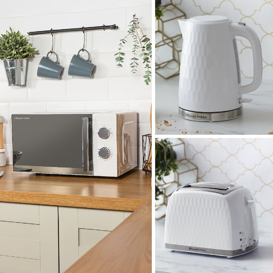 image 1 of Russell Hobbs Honeycomb Bundle Set with Kettle, 2 Slice Toaster, and Microwave White HCBNDL2W