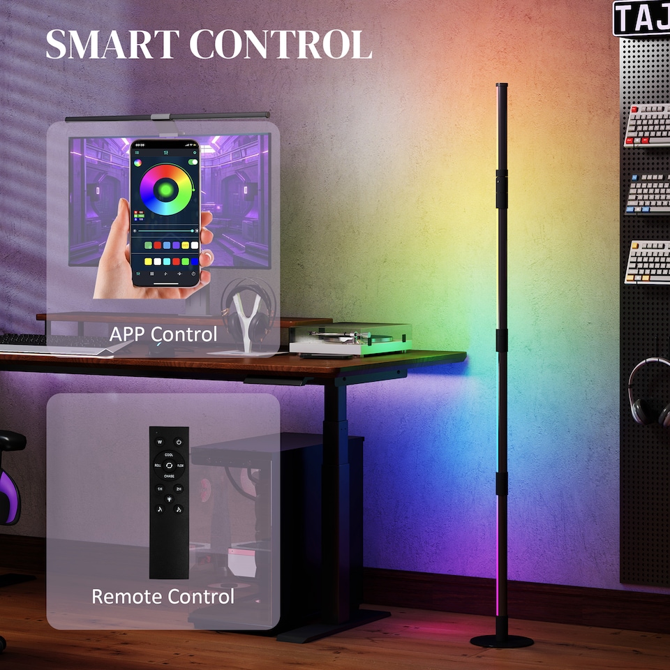image 1 of HOMCOM LED Floor Lamp, 360degree RGB Detachable Corner Floor Lamp with App & Remote Control, Colour Changing Standing Lamp with Music Sync & Timing, for Living Room, Game Room, Dark Grey | Grey | Dark Grey
