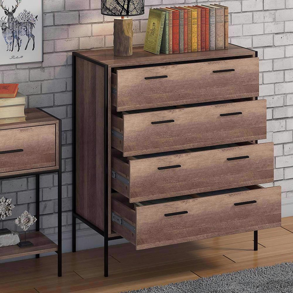 image 1 of FWStyle Loft Industrial 4 Drawer Chest Of Drawers Wood Effect Black Metal Frame