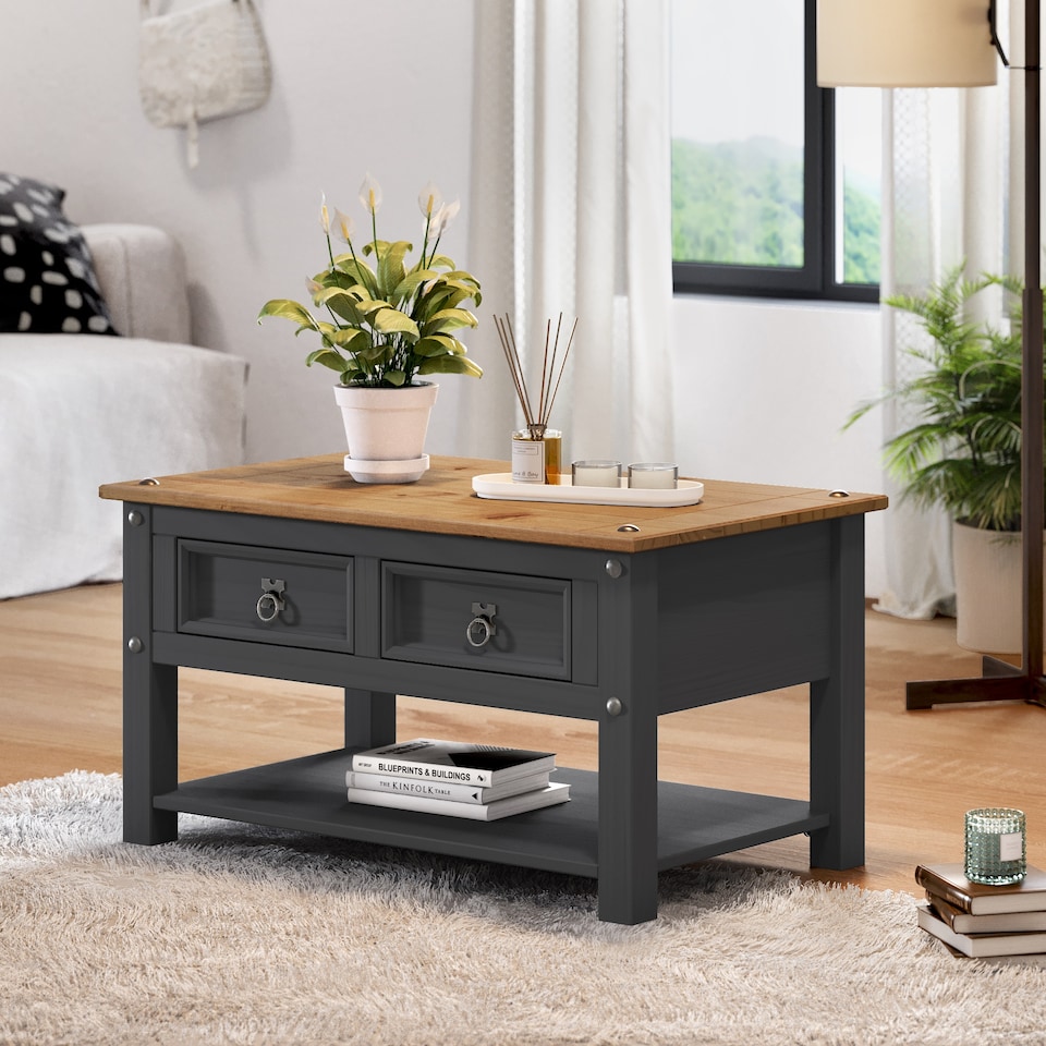 image 1 of Mercers Furniture Corona Charcoal 2 Drawer 1 Shelf Coffee Table Solid Wood Pine Wooden Dark Grey with Mexican Styling