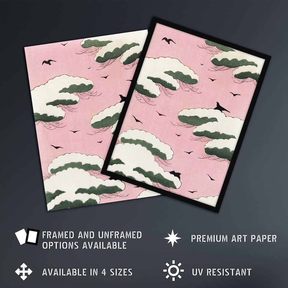 image 1 of Pink Sky With Clouds and Birds Vintage Wall Art Print Bijutsukai 18x24"