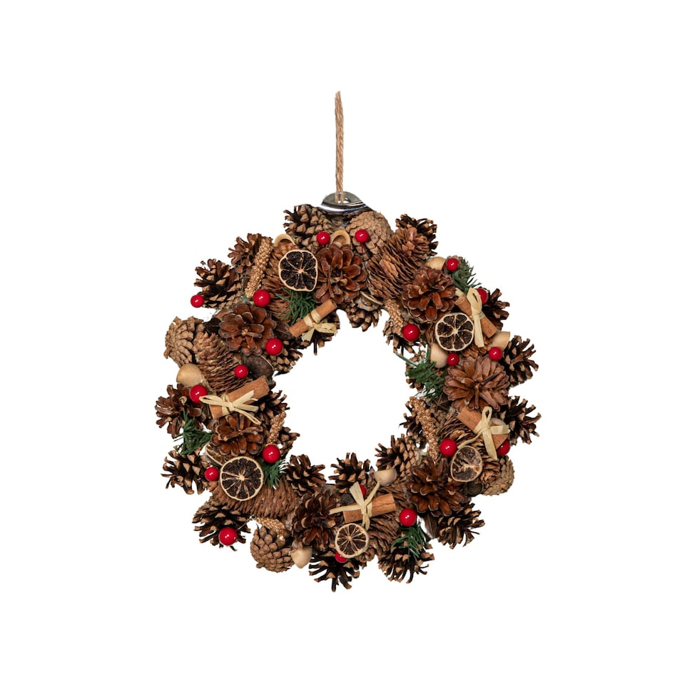 image 1 of 36cm Winter Spice Hanging Christmas Wreath with Pine Cones Red Berries & Dried Fruit