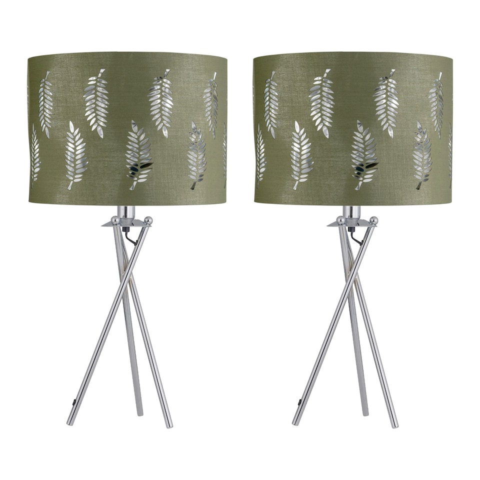 image 1 of Set of 2 Tripod Table Lamps with Sage Green Fern Cut Out Shades Chrome | Green
