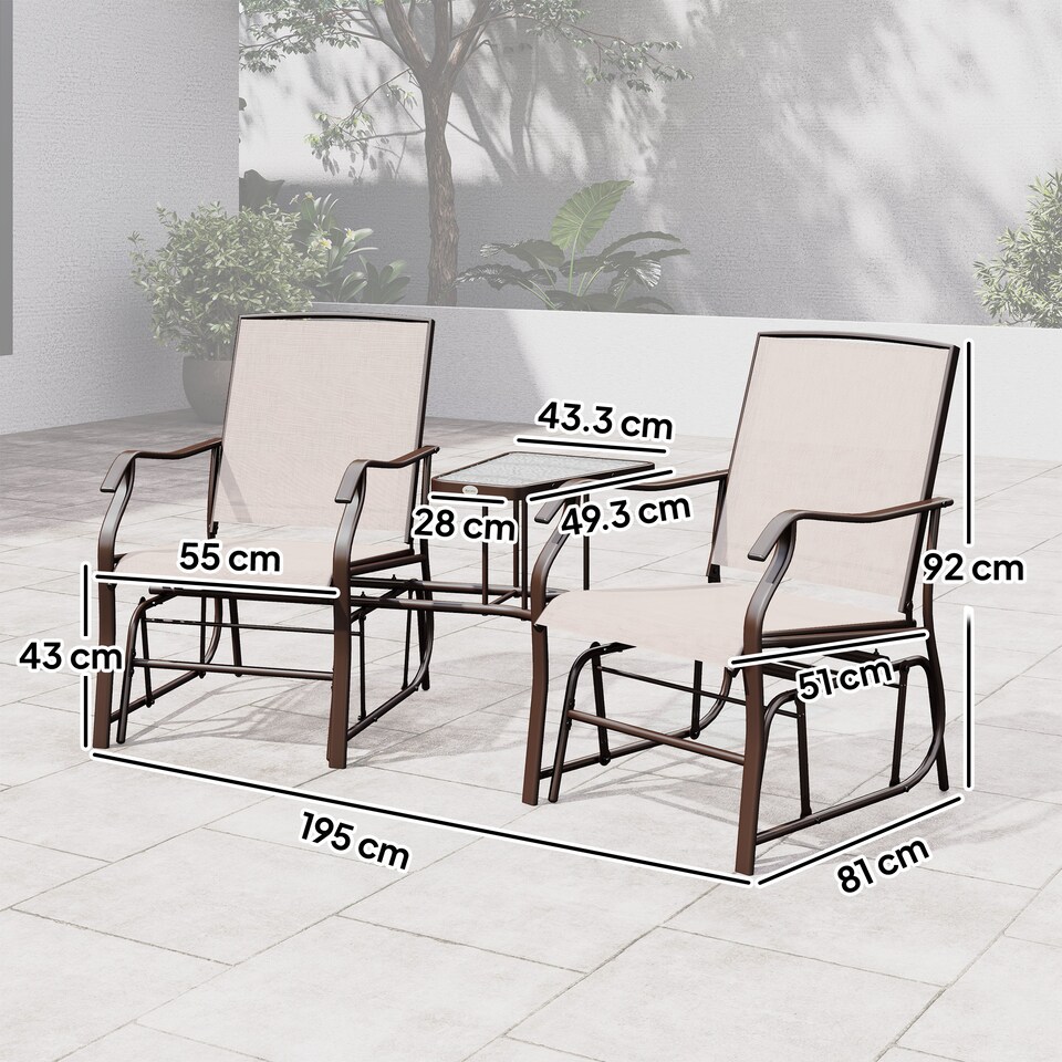 image 1 of Outsunny Outdoor Double Glider Rocking Chairs with Glass Top Middle Table, Metal Gliding Love Seat Conversation Furniture with Breathable Mesh Fabric Seat, for Garden, Patio, Brown