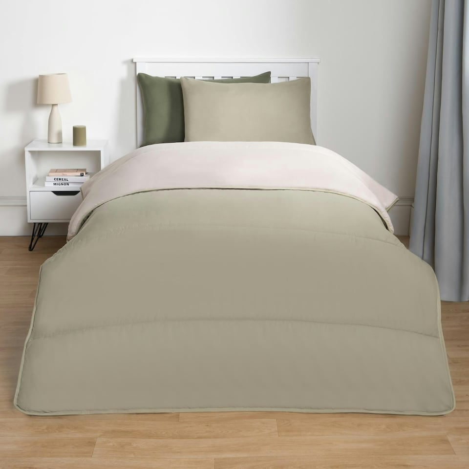 image 1 of OHS Coverless Reversible 10.5 Tog Duvet And Pillowcase Bedding Set, Single - Sage/Natural