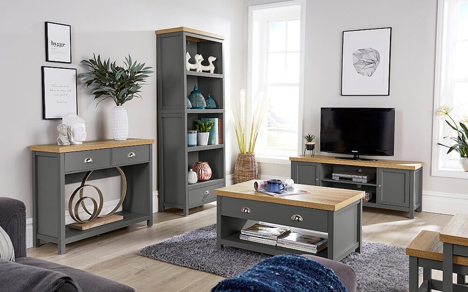 image 1 of Console TV Stand Television Unit Living Room Furniture Oak Solid | Grey