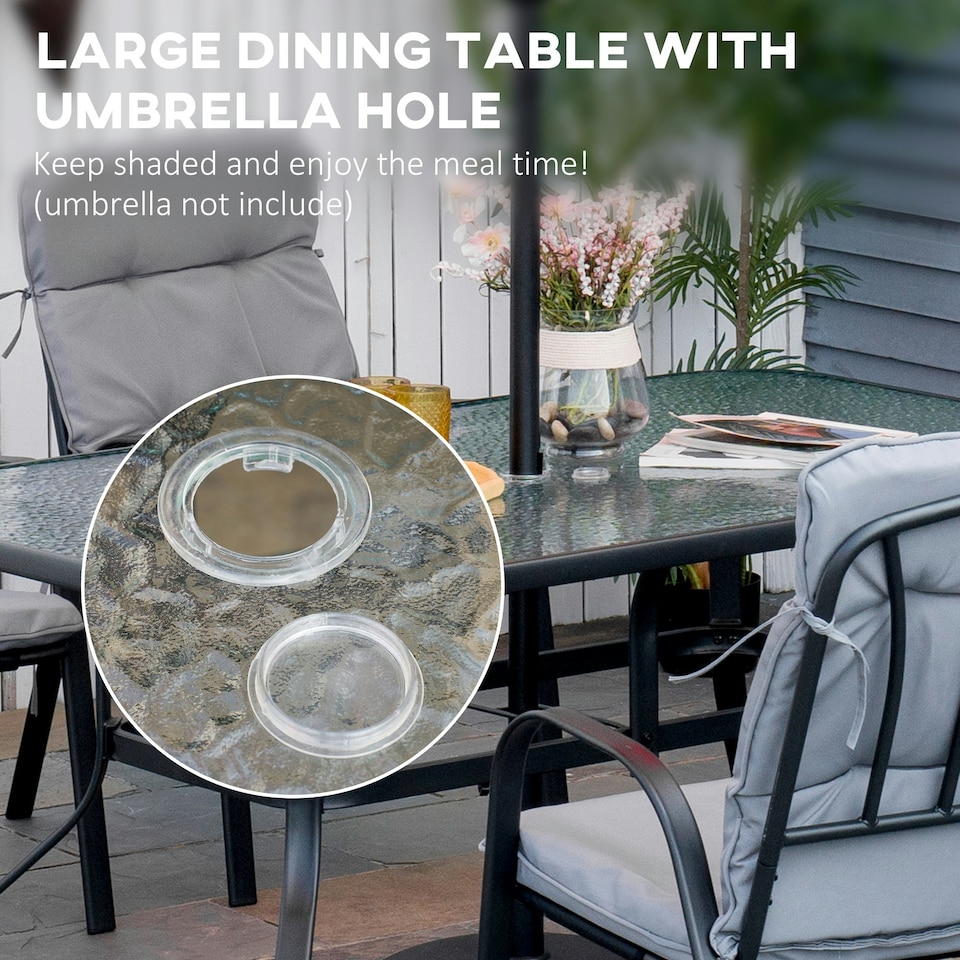 image 1 of Outsunny 7 PCs Garden Dining Set, Glass Table with Umbrella Hole