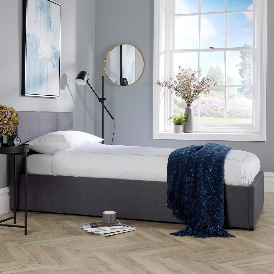 image 1 of Ottoman End Lift Storage Bed Single Hopsack Fabric Bed Frame Gas Lift Furniture