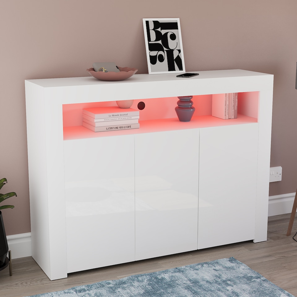 image 1 of Vida Designs Nova 3 Door LED Sideboard Buffet Cabinet Storage, White | White | 1