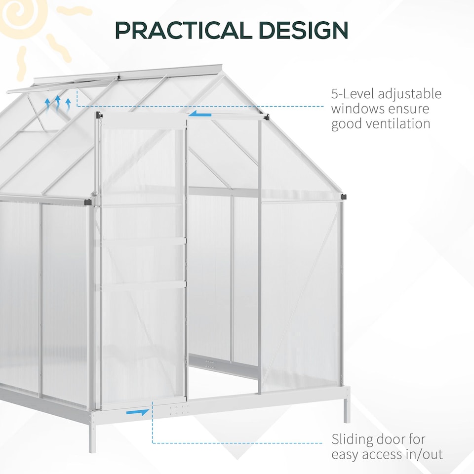 image 1 of Outsunny Polycarbonate Walk-in Garden Greenhouse w/ Sliding Door Silver Tone | Silver | 1