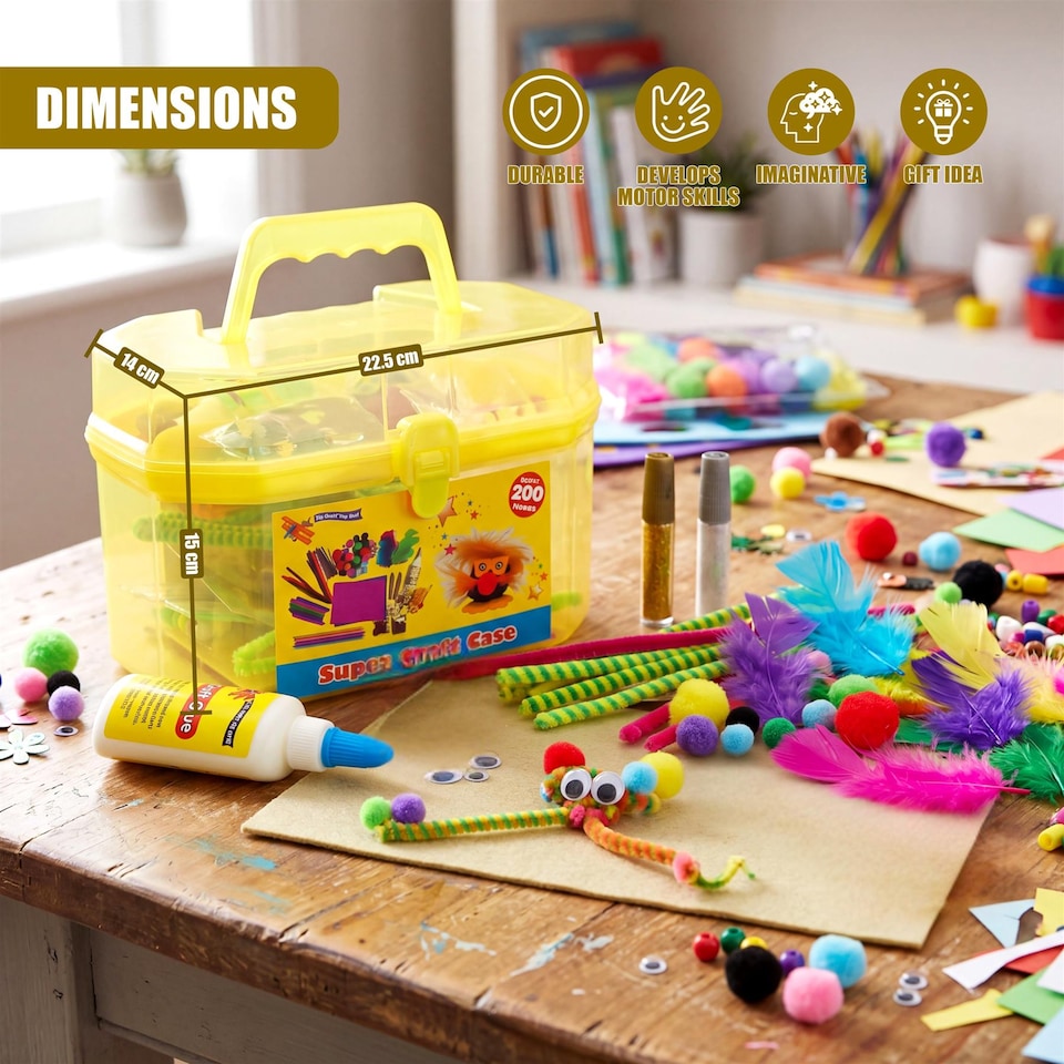 image 1 of The Magic Toy Shop 200 Piece Arts and Crafts Kit Yellow Carry Case Supplies Set