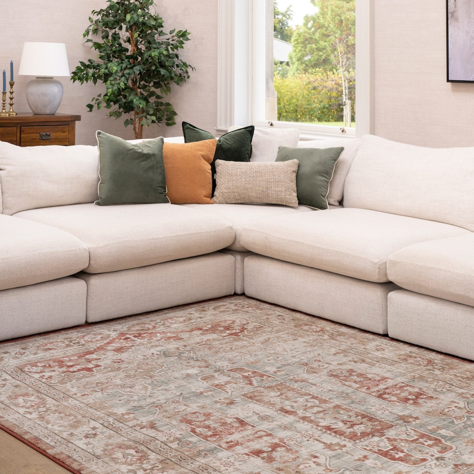 image 1 of KUKOON Selma Traditional Plush Rug – Warm Terracotta Distressed Living Room Carpet 200cm x 290cm