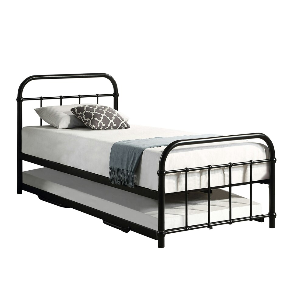 image 1 of Tewin Vintage Hospital Style Single Black Metal Bed Frame w Guest Trundle