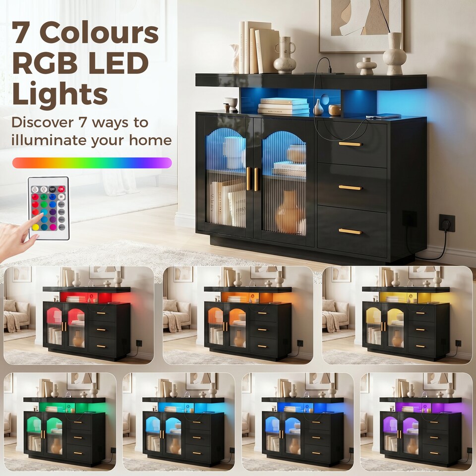 image 1 of HOMCOM High Gloss Sideboard with LED Lights, Power Outlets, Drawers