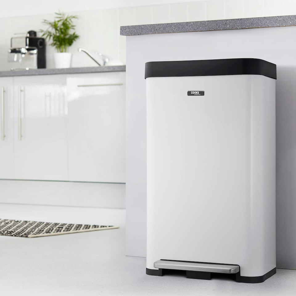 image 1 of Cooks Professional X-Large Pedal Bin 65L - Stainless Steel Handsfree Kitchen Recycling Waste Dustbin - White White
