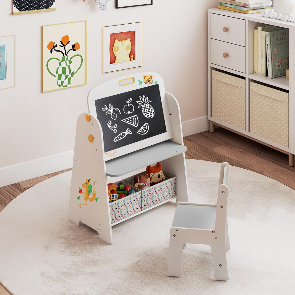 image 1 of COSTWAY 4-in-1 Art Easel and Bookshelf with Magnetic Grey