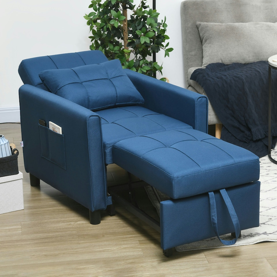 image 1 of HOMCOM Pull Out Chair Bed, Sleeper Chair with Pillow, Side Pockets, Blue
