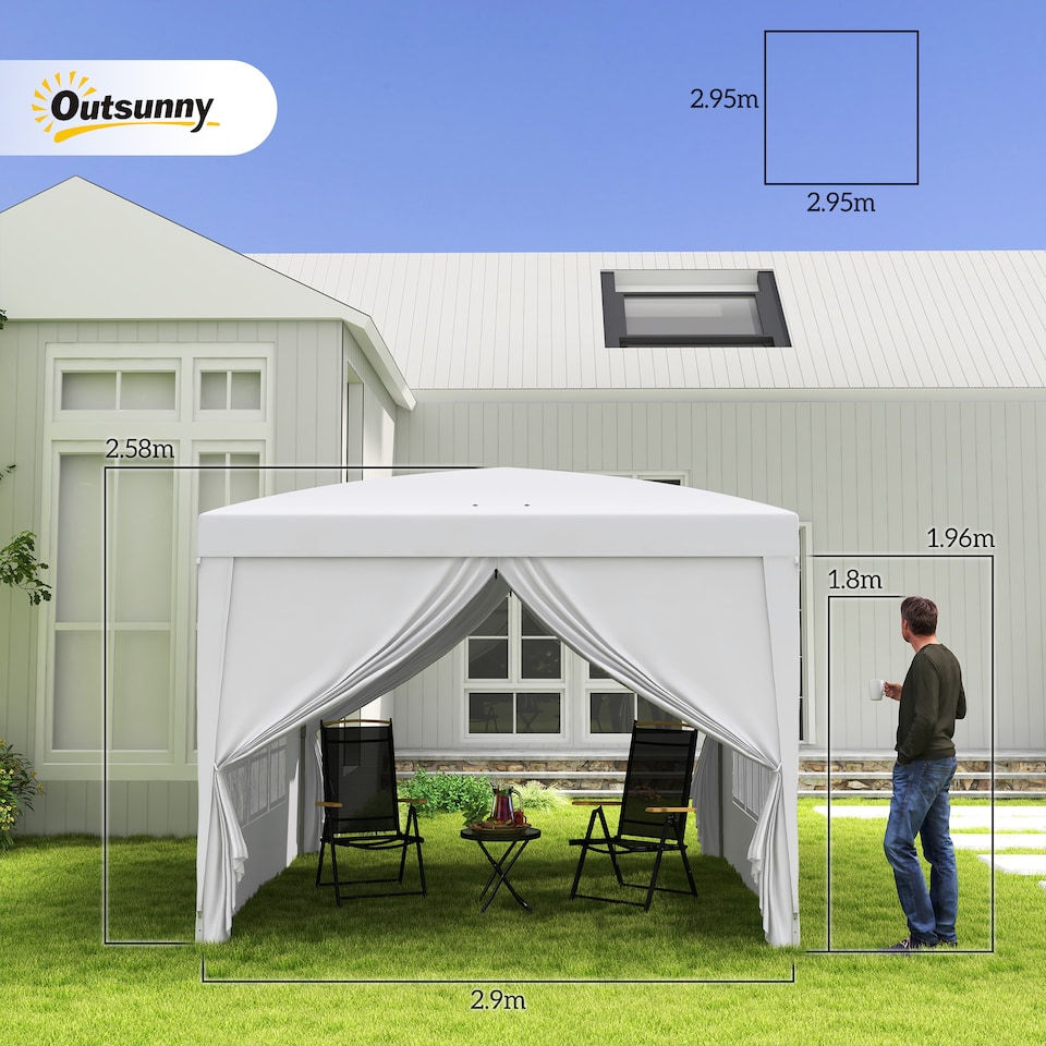 image 1 of Outsunny 3 x 3 m Garden Pop Up Gazebo, Wedding Party Tent Marquee, Water Resistant Awning Canopy with Sidewalls, Windows, Carry Bag, White