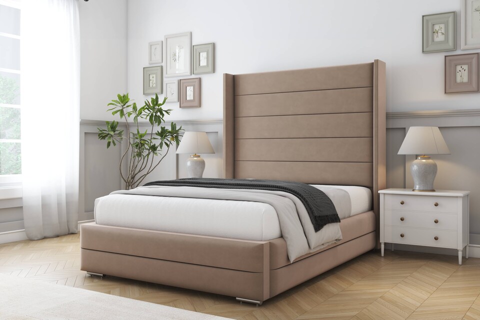 image 1 of Sloomy Sterling Mink Plush Bed Frame With Mattress With 50"  Upholstered Wingback Headboard 4' Small Double