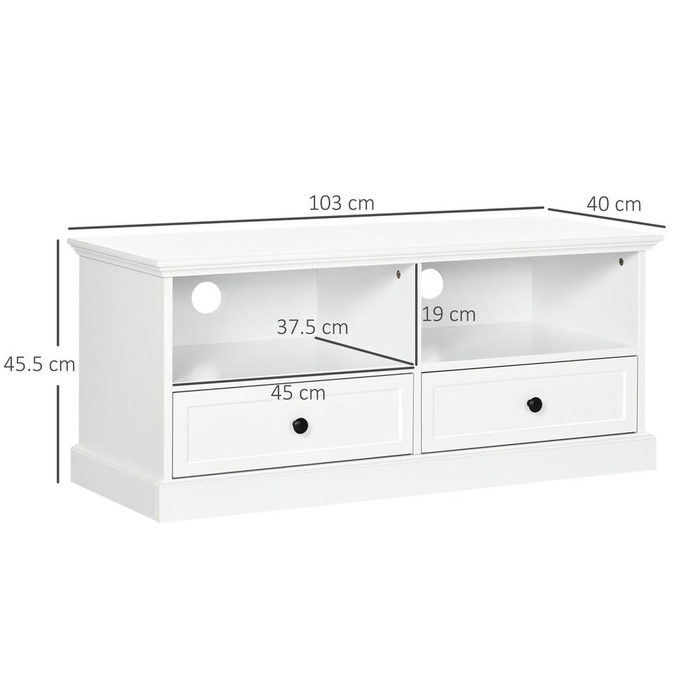 image 1 of HOMCOM Modern TV Unit Cabinet for TVs up to 45 Inches, TV Stand with Drawers, Open Shelves, Cable Holes for Living Room, White