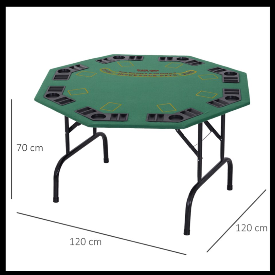 image 1 of HOMCOM 8 Player Folding Games Poker Table with Chip Cup Holder Steel Base Felt Top Octagon Blackjack Green
