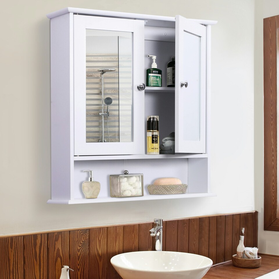 image 1 of kleankin Wall-mounted Cabinet Mirror Door Bathroom Organiser Living Room White