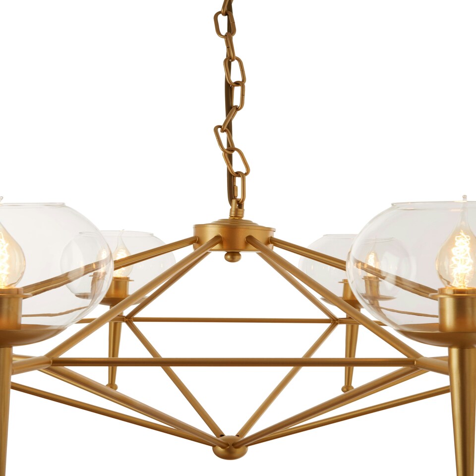 image 1 of Interiors by Premier Gold 8 Arm Geo Pendant Lamp, Mid Century Modern Glass Globe Ceiling Light, Glamorous Geometric Frame Pendant