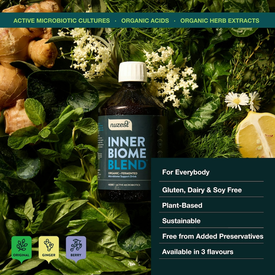 image 1 of Nuzest Inner Biome Blend – Digestive Health & Microbiome Support – 8 Microbiotic Cultures, 19 Fermented Herbs - Gut Health - Vegan - Ginger